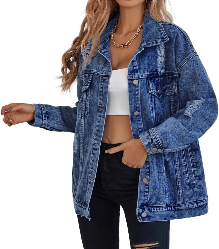 LifeShe Women's long oversized denim jacket boyfriend ripped distressed jean jackets coat