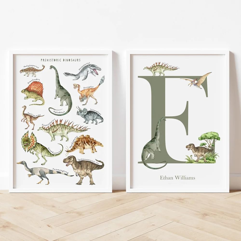 Youihom 3 Quadretti Personalizzati Bimba Stampa Nome Bambino 30 x 40 cm Quadretti Cameretta Ragazzi Quadri Dinosauri Cameretta Poster Alfabeto Bambini Verde Stampe Tela Senza Cornice