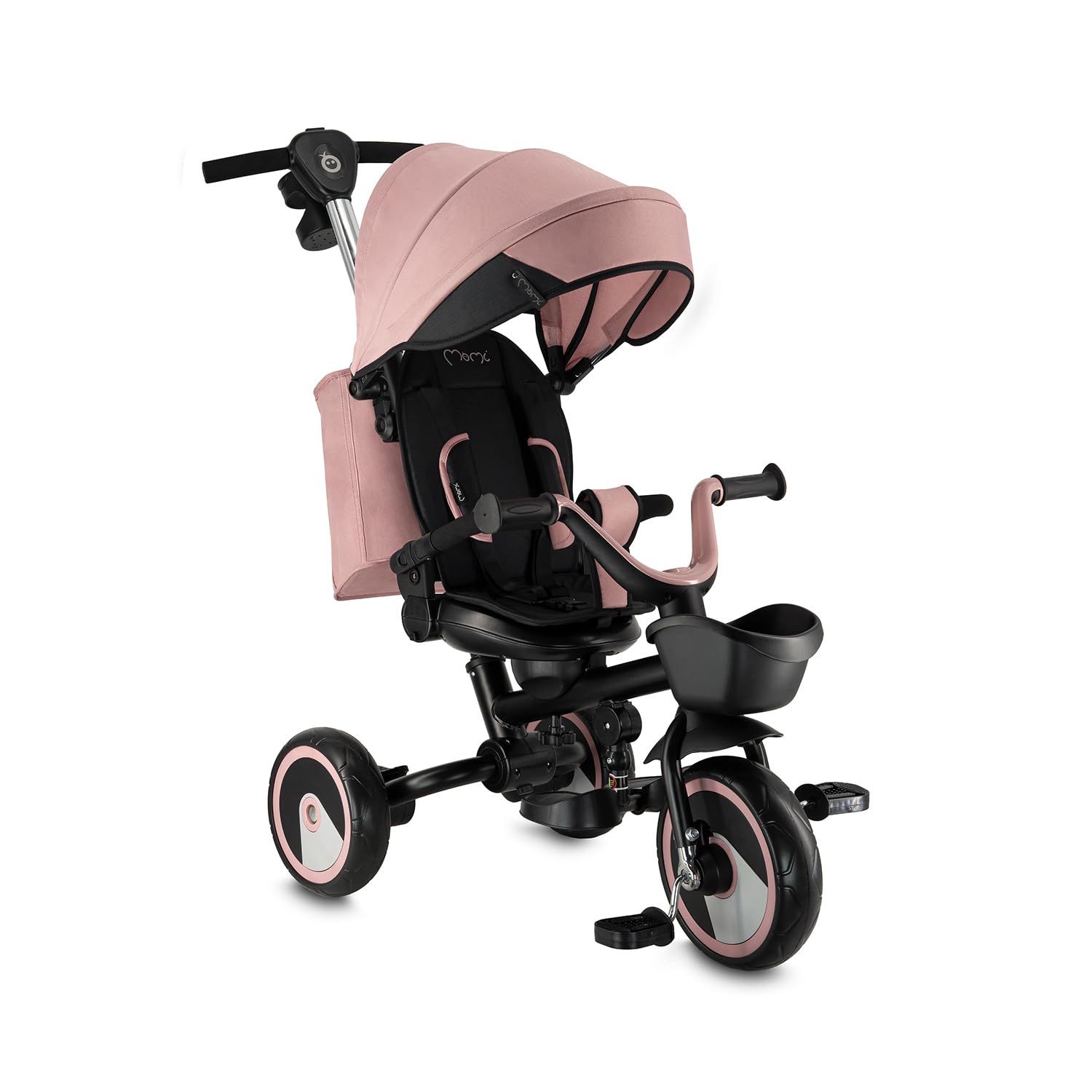 Triciclo per bambini MoMi IVI, seduta girevole 360°, cinture a 3 punti, poggiapiedi, tettuccio parasole, ruote EVA, manubrio regolabile, borsa e cestino portaoggetti