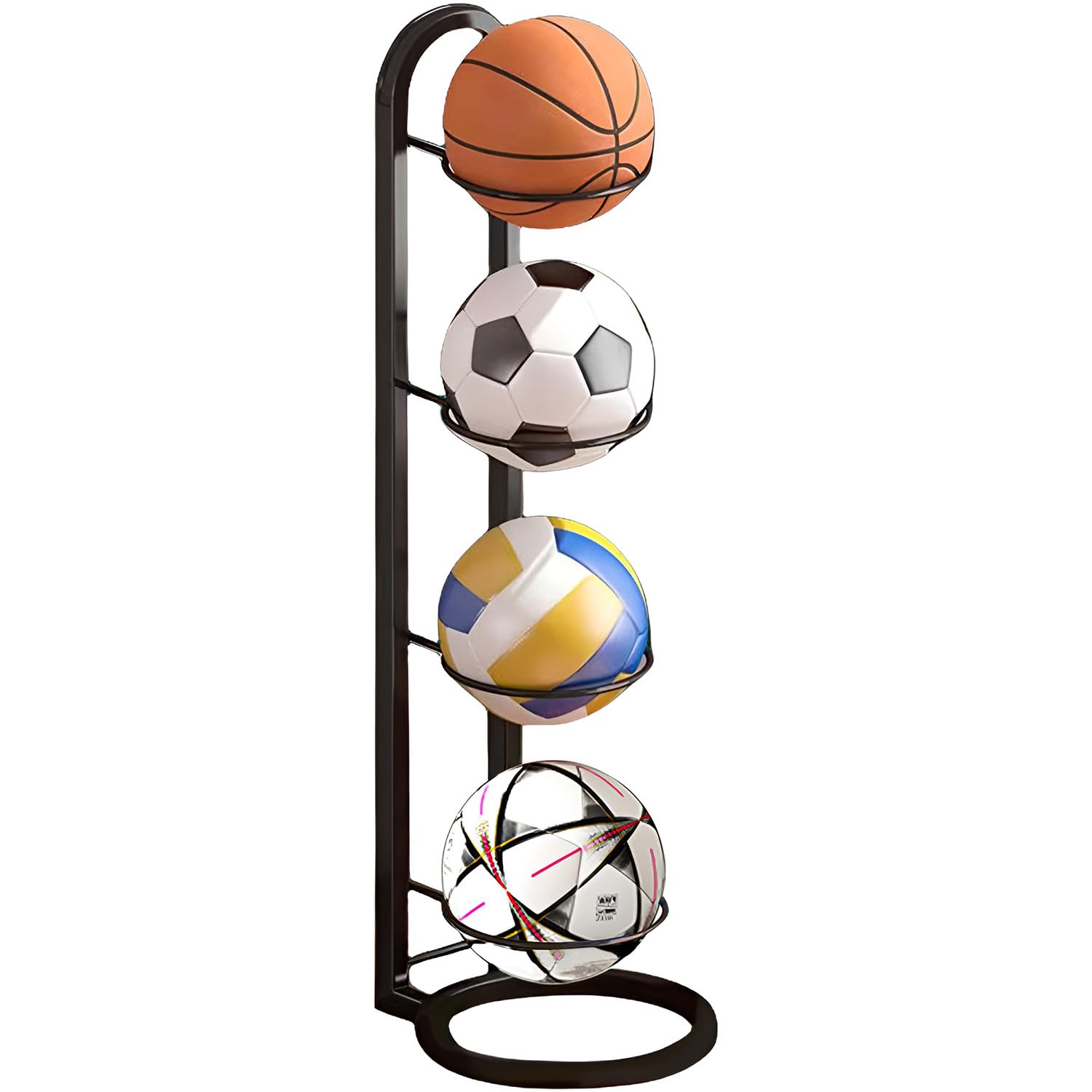 Accmuzzy 4 Tier Metal Ball Stand, Football Basketball Volleyball Storage & Display Rack, Heavy-Duty Sports Organizer for Garage, Home & Gym (Black)