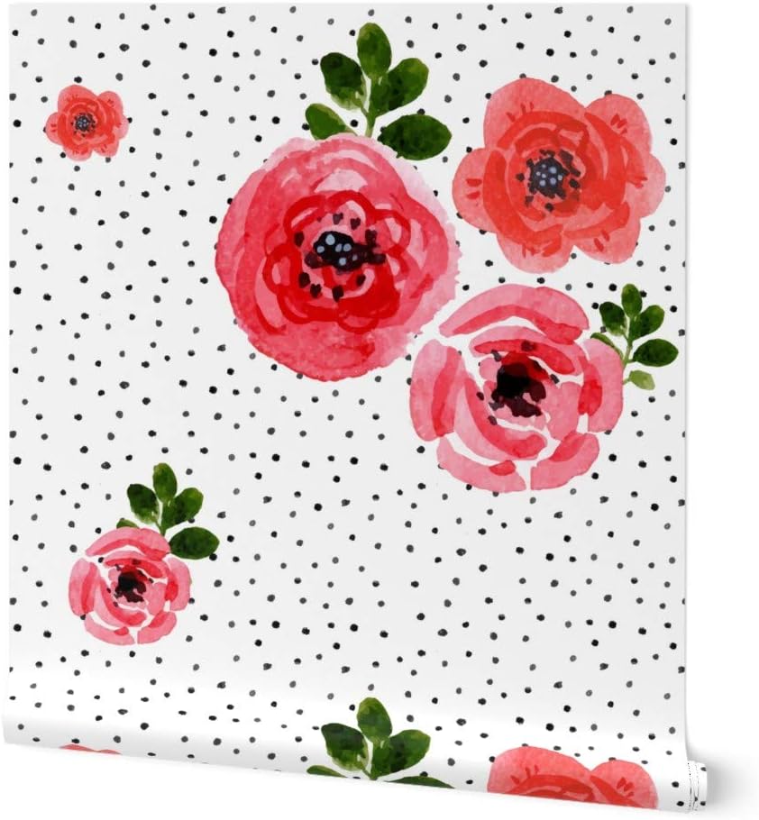 Peel & Stick Wallpaper 3ft x 2ft - Roses Shibori Black Polka Dots Pink White Flowers Floral Custom Removable Wallpaper by Spoonflower