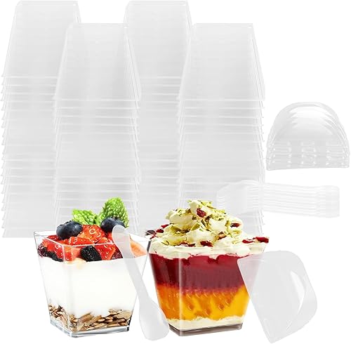 Miniatura 1 de Paquete de 100 mini tazas cuadradas de postre de 4 onzas con cucharas y tapas, tazas de plástico transparente con tapas para aperitivos, pudines,