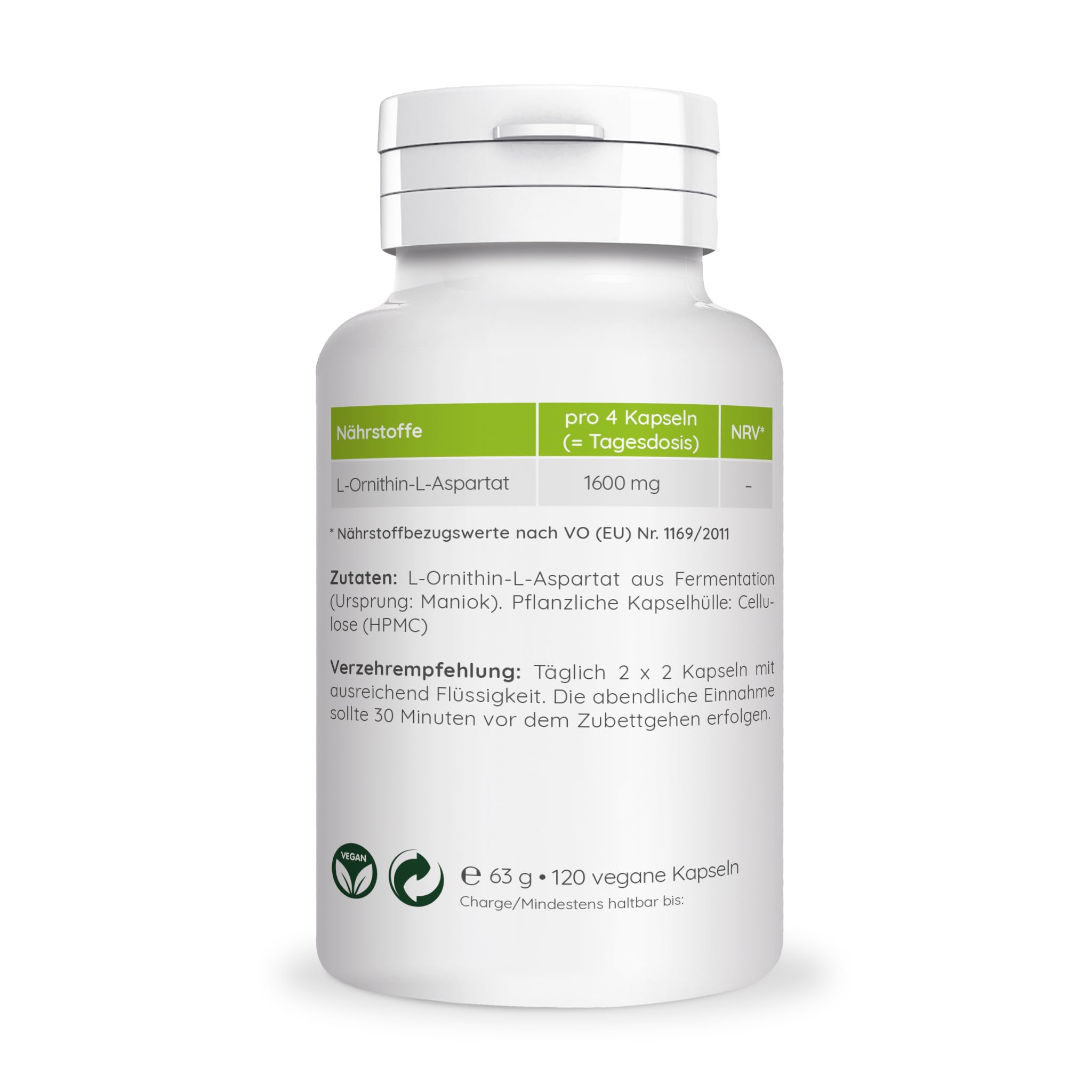 L-Ornithin-L-Aspartat Kapseln (100% pflanzliche Qualität) 400 mg pro Kapsel ✓ 120 Kapseln ✓ bei Durchschlafproblemen ✓ Vegan Glutenfrei Laktosefrei