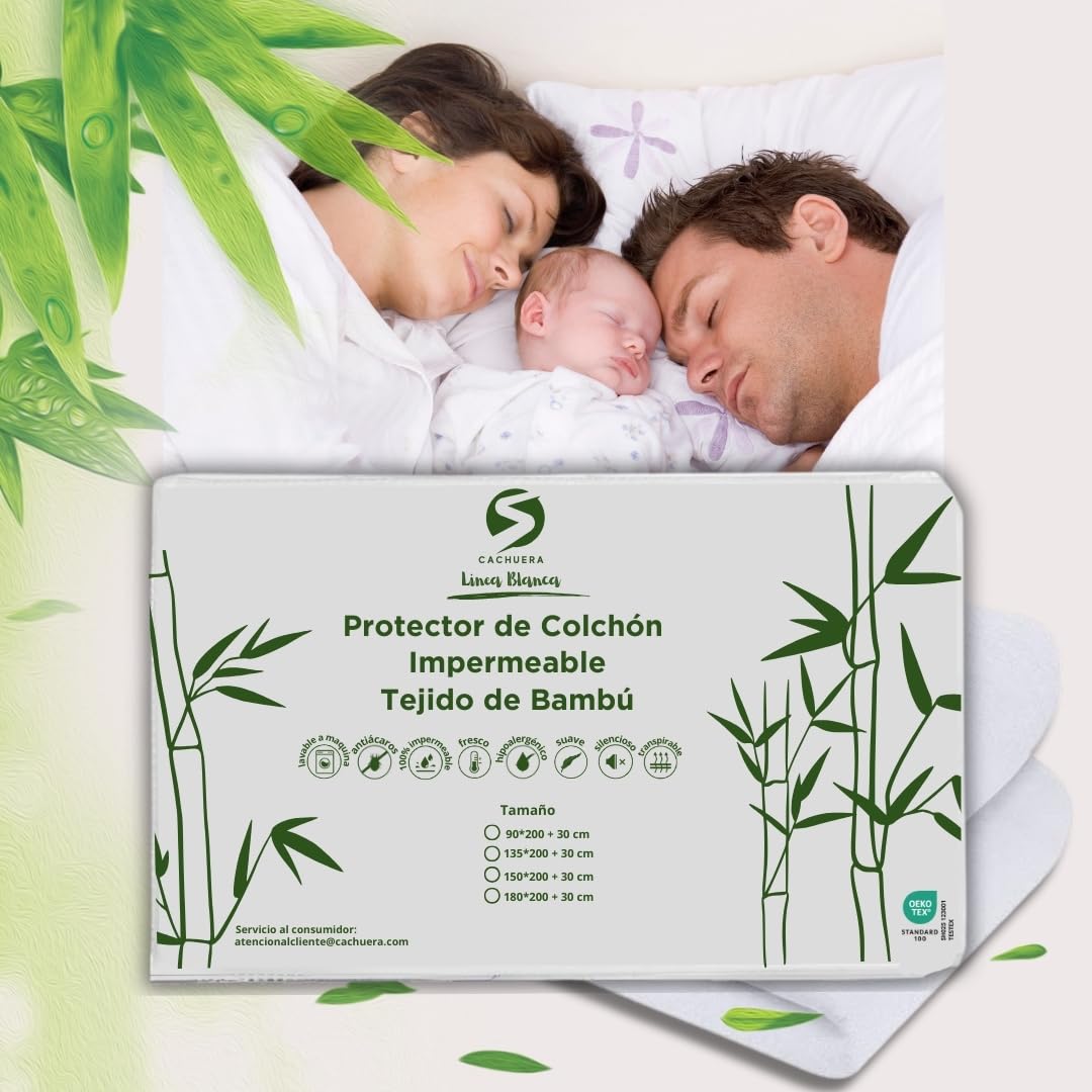 Coprimaterasso in bambù impermeabile, 150 x 190/200 cm, rivestimento anti-accaro-ipoallergenico-coprimaterasso traspirante, fresco-silenzioso-morbido-tasca elastica a 360° regolabile-certificato