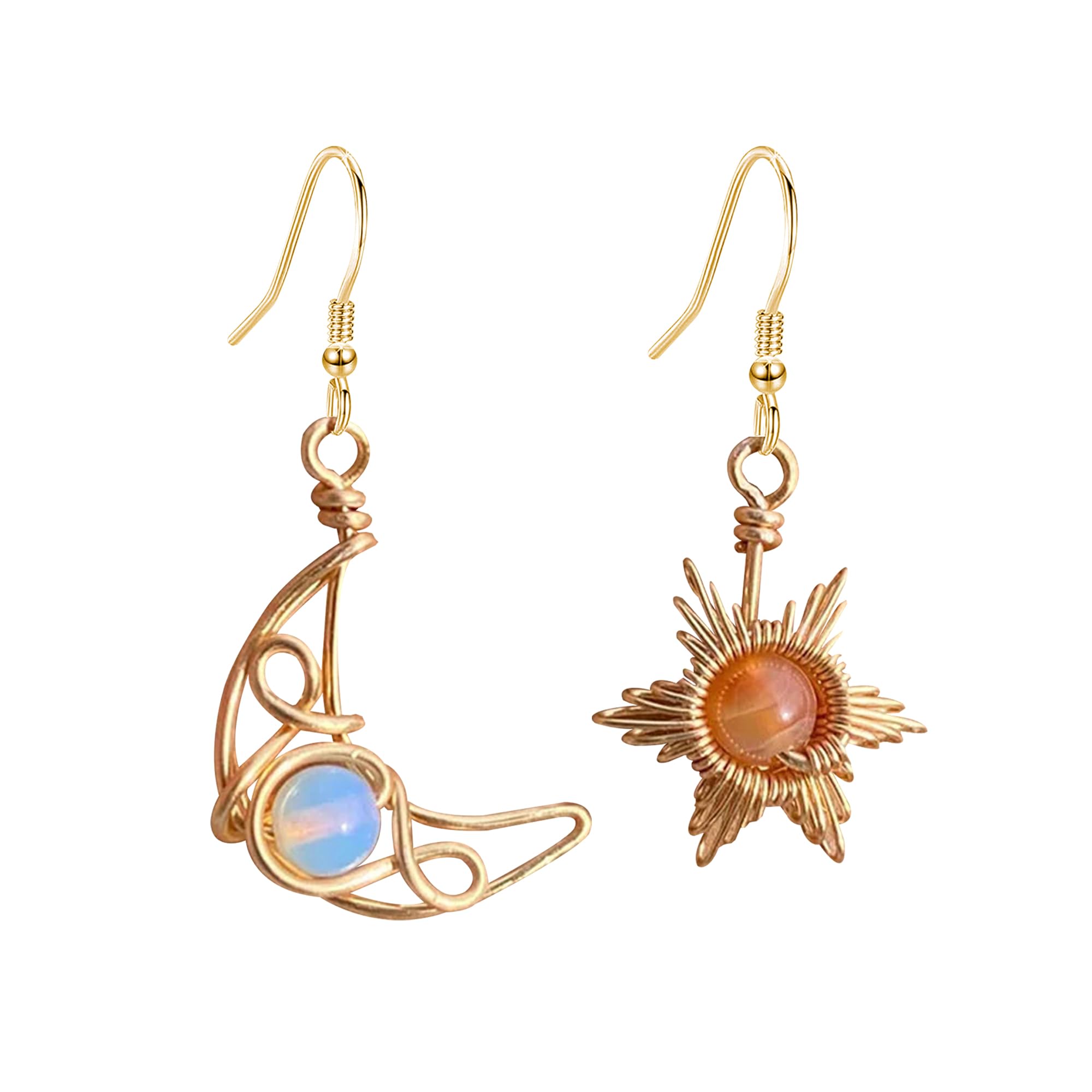 Boho Moonstone Sun and Moon Earrings for Women Vintage Asymmetry Hollow Moon Star Sun Dangle Drop Earrings Celestial Jewelry