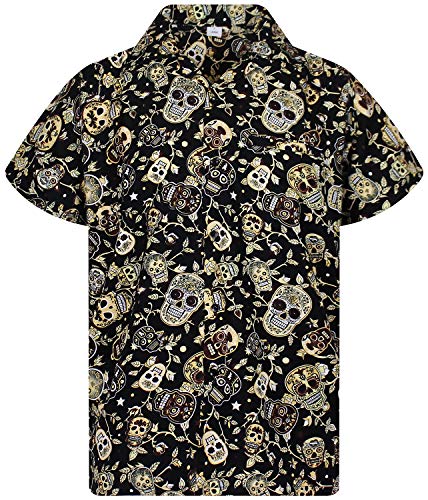 V.H.O. Koszula Hawajska Mężczyzna Krótki Rękaw Kieszeń-Z Rozcięciem Elegancki Funky Czaszka Dzień Zmarłych Unisex, Vho-skull-design-sepia, M