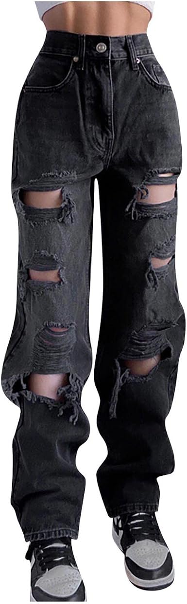 Amazon.com: Pantalones de mezclilla de moda para mujer de primavera y  otoño, cintura alta, con bolsillos, rectos, sueltos, rasgados, vintage, y2k  : Ropa, Zapatos y Joyería