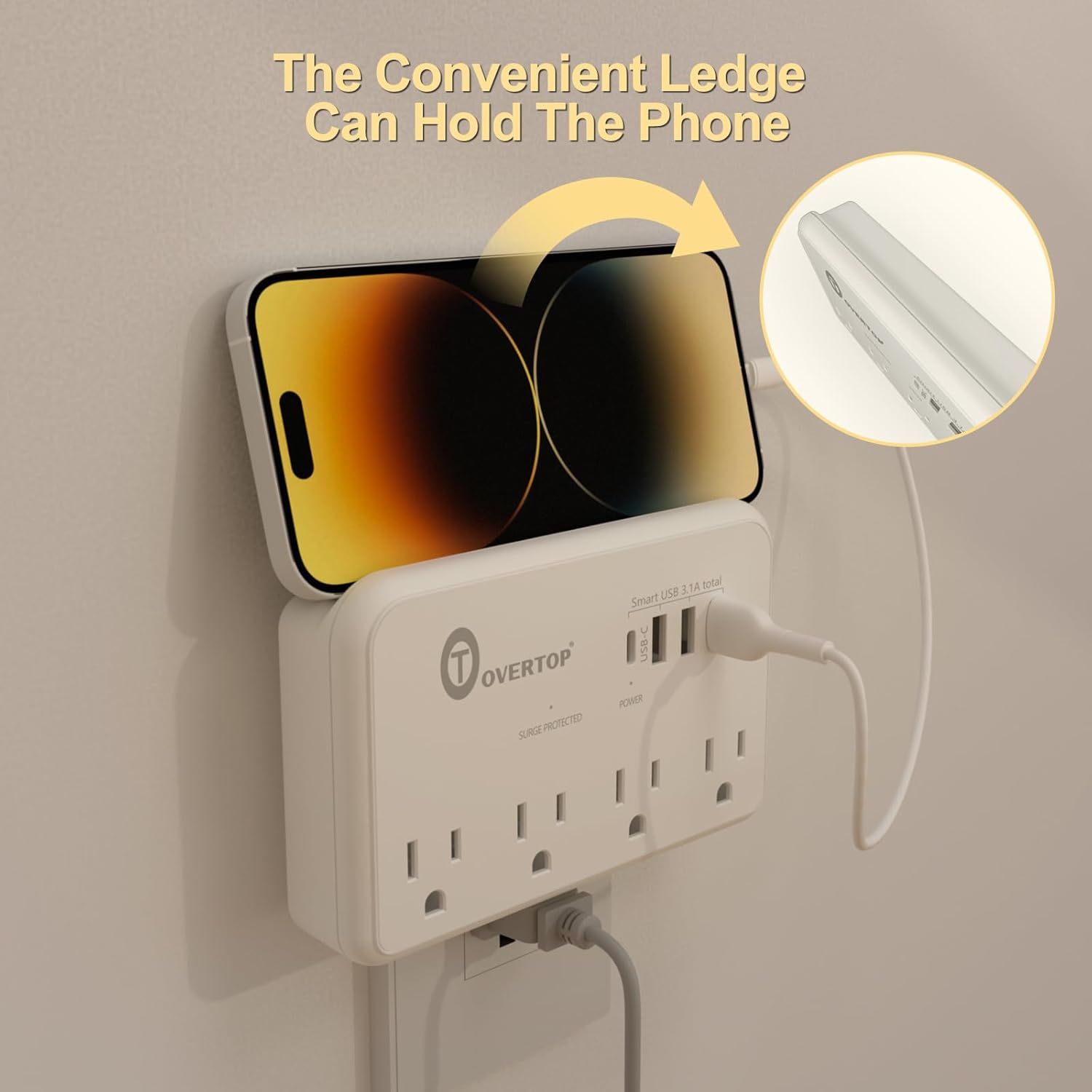 Overtop Wall Outlet Extender, Electrical Surge Protector, 4 AC Outlet Splitter with 4 USB Ports(1 USB C), Small Multi Plug Wall Charger for Home, Office, Classroom, Travel,Dorm Essentials
