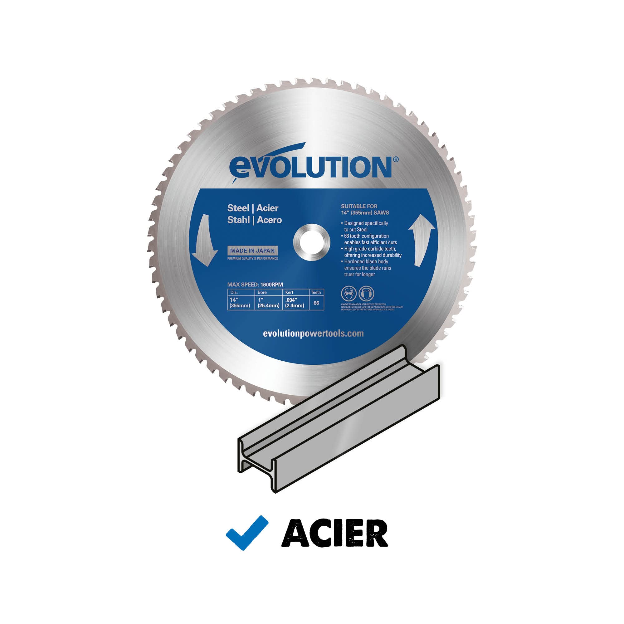 Evolution M355TCT-66CS Mild Steel Blade for Cutting Saw dents alésage 25,4mm pour scie à tronçonner et scie à onglet, tronconneuse electrique, TCT 355mm 66 Teeth Bore 25.4mm