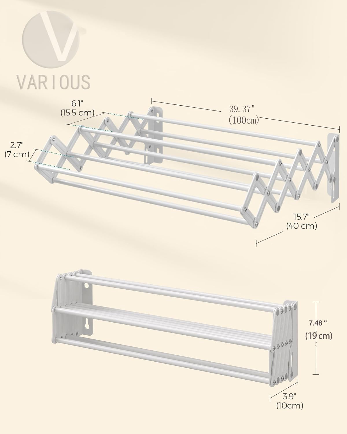 various Tendedero Plegable de Secado de Ropa para Colgar en la Pared,Tendedero Extensible de Pared 100 cm de Intetiot o Exterior de Acero Blanco,Tendedro con 9 Barras Ahorra Espacio