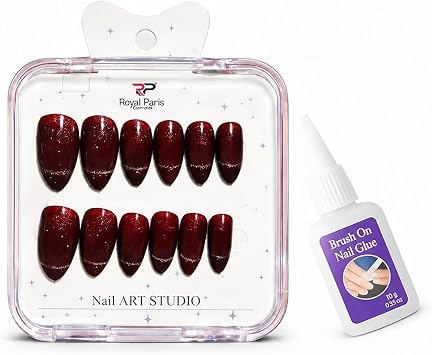 Bordo Simli Takma T rnak Seti, Yap t r c l , Uzun Badem, Form, Dayan kl  Press On Nail Art, Evde Kolay Uygulama,  k ve Parlak G r n m