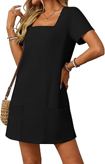 Womens Solid Color Casual Summer Square Neck Short Sleeve Mini Dresses with Pockets