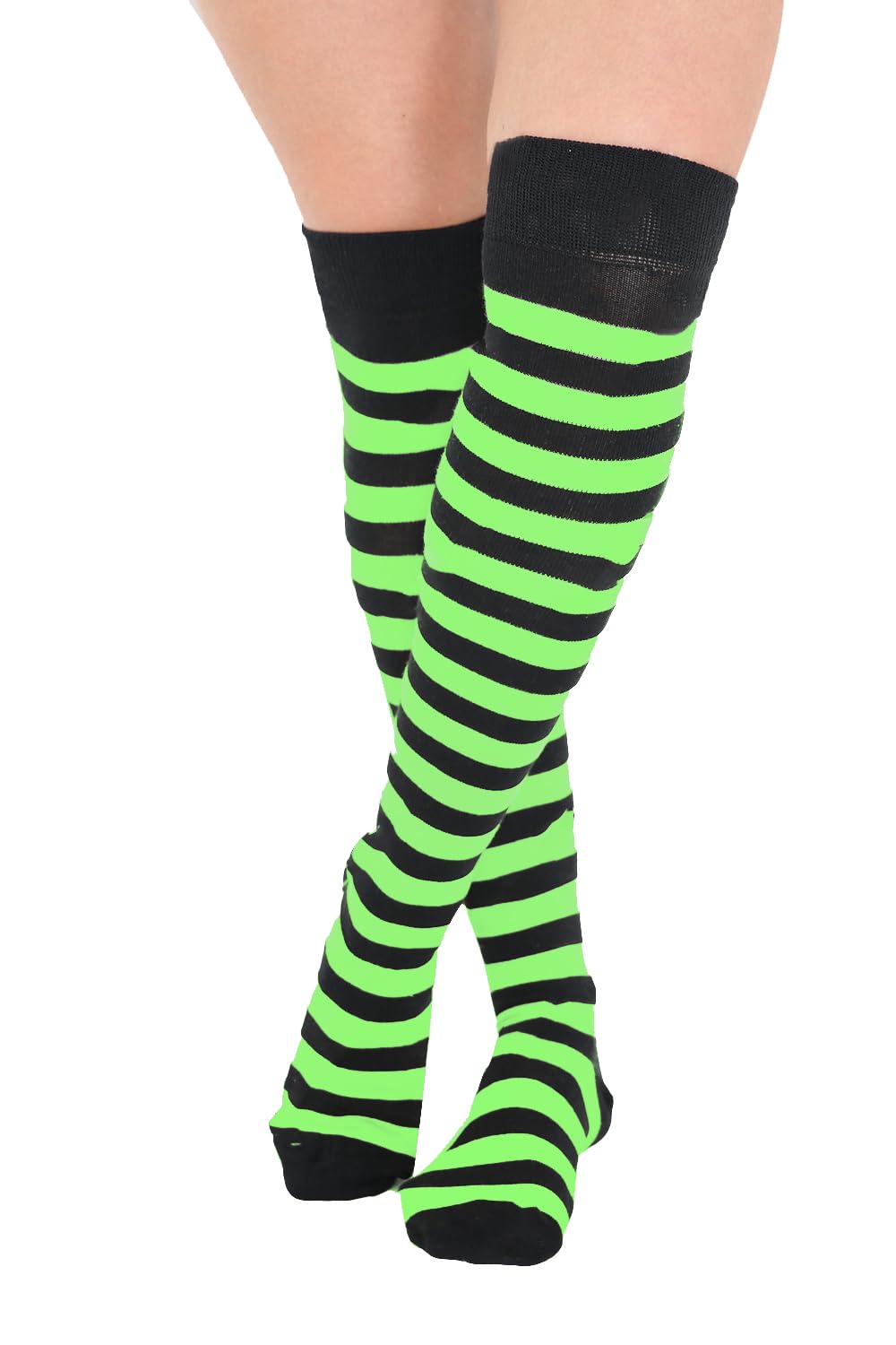 Ploutos World Wide Womens Ladies Stripe Over The Knee Socks Thigh High Girls Stretchy OTK Socks Fancy Dress Socks One Size (Green black)