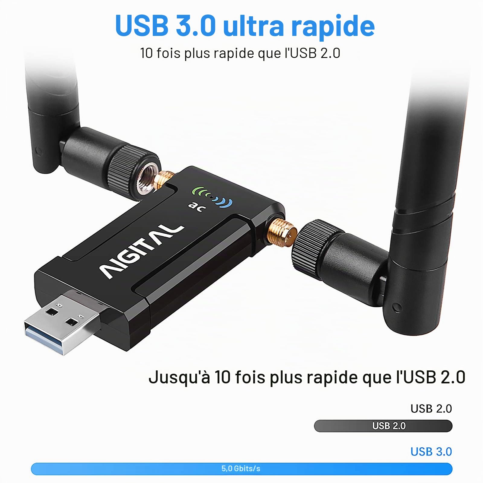 Clé WiFi AC1200Mbps, Dongle WiFi, WiFi USB, Adaptateur USB WiFi puissante avec Un Socle USB 3.0 et Un Câble d'Extension de 65cm Garantie 2 Ans, Compatible avec Windows 10/8.1/8/7 et macOS pour PC
