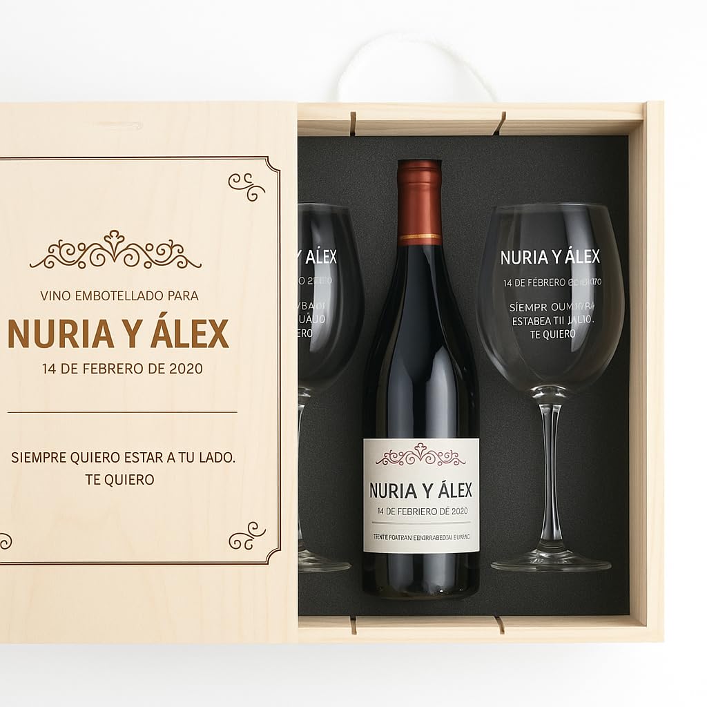 CALLE DEL REGALO Kit de Vino Personalizado con Copas de cristal, Caja de madera grabada, y Botella de vino | Kit personalizado para pareja