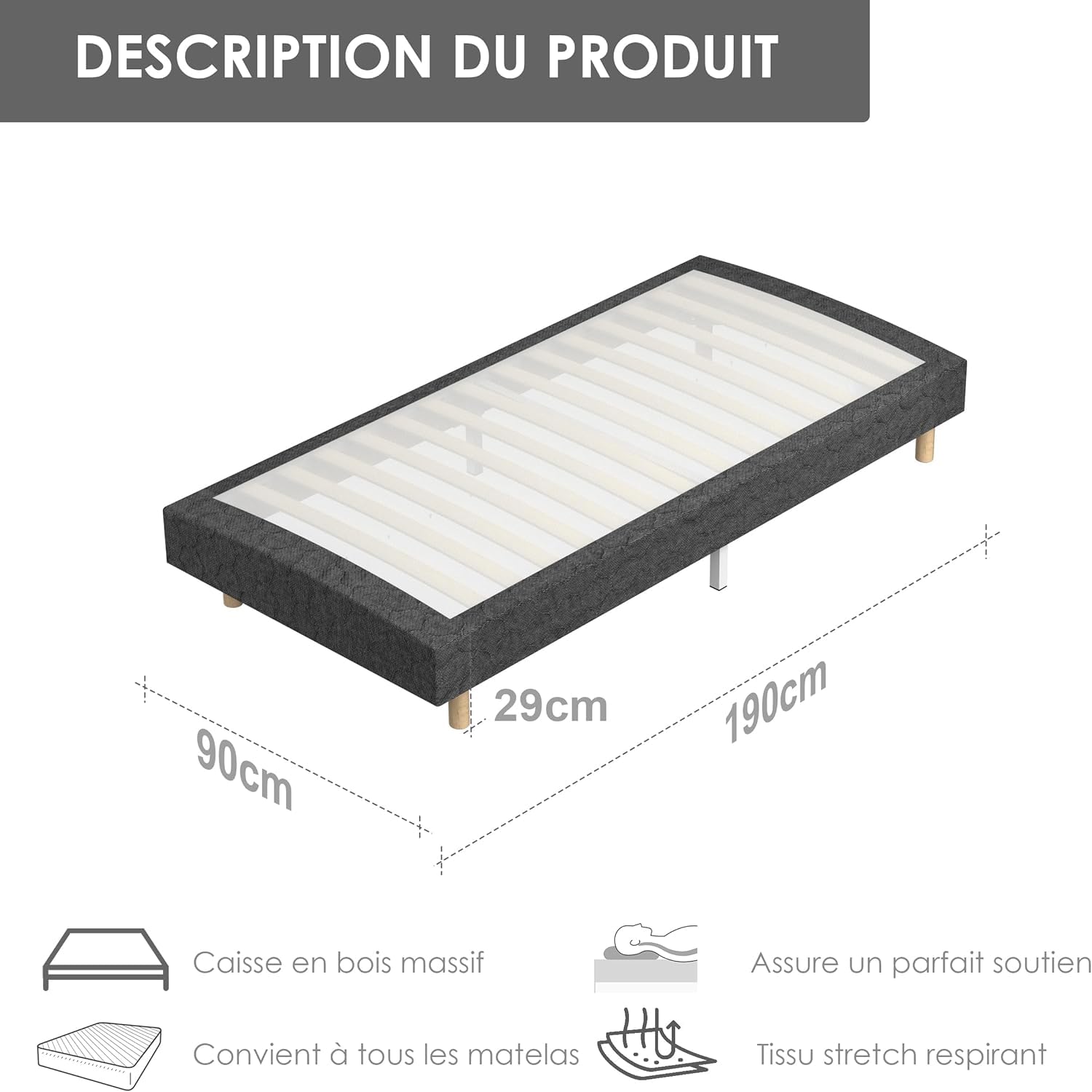TEENO Ensemble Sommier et Matelas 90x190 cm, Lit Une Personne Complet avec Sommier Tapissier et Matelas Memoire de Forme, Confort, Respirant, sans Perturbation (90x190x25+Sommier Gris)
