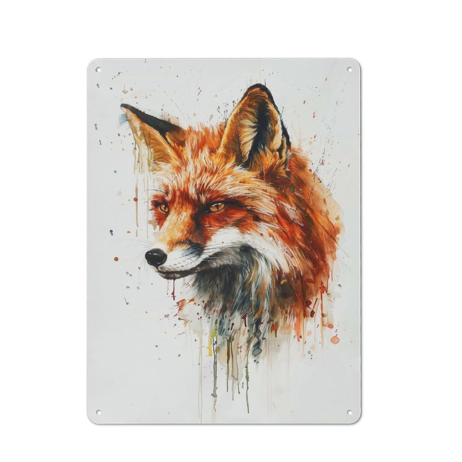 Decorative Metal Plaque with Fox Watercolor Design 40x30cm, Casual Utility Space Decor for Patio Bar, Workshop, Shed Or Kitchen
