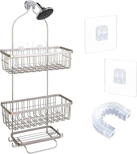 Miniatura 4 de YeeBeny Conector de ducha de baño con 2 calcomanías adhesivas, artículos simples para el hogar, soporte de gancho para cesta de ducha, estante de