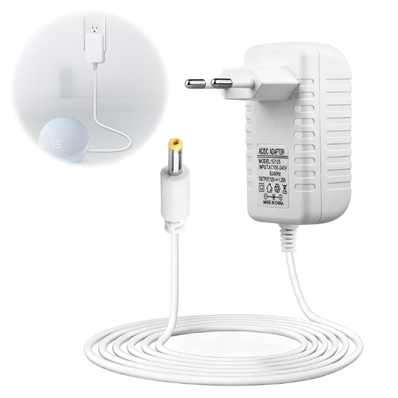 15W Cargador Adaptador Compatible con Echo Dot (3ª/4ª/5ª Gen), Echo Dot con Reloj (3ª/4ª/5ª Gen), Echo Show 5 (1.ª/2.ª), Echo Dot Kids Edition, Echo Spot/Pop, Fire TV Cube, 2M 12V/1.25A