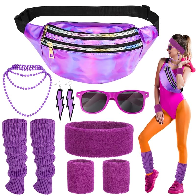 Vyuwast80s Fancy Dress for Women Girls 1980s Party Accessories Set with Neon Headband Wristbands Sunglasses Leg Warmers Bum Bag Earrings Necklaces for 80s Party Dress up Day
