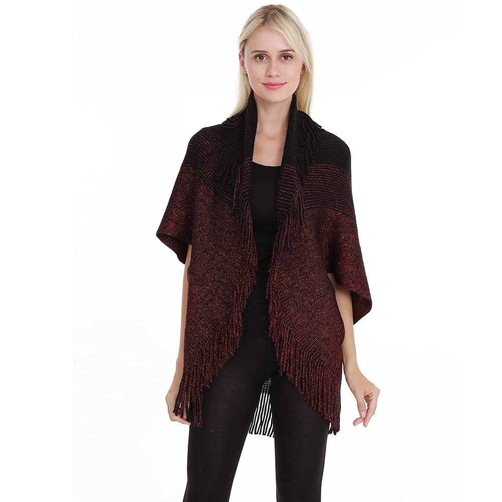 Winter Woolen Shawl Collar Warm Open Front Poncho Cardigan Shrug Style Wrap with Tassel Fringe Hem and Sleeves for Women-image-46