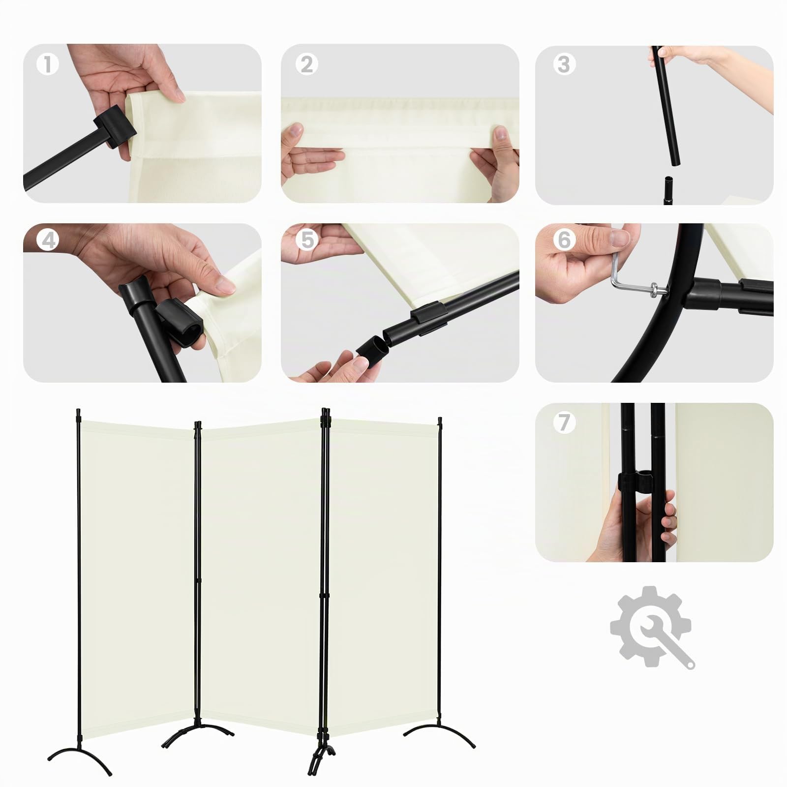 WOLTU Paravento, divisorio per Ambienti, Schermo per la Privacy, autoportante, Schermo in 3 Parti con Telaio in Metallo e Staffa per Ufficio, Balcone, Camera da Letto, Giardino, 255x182 cm, Crema