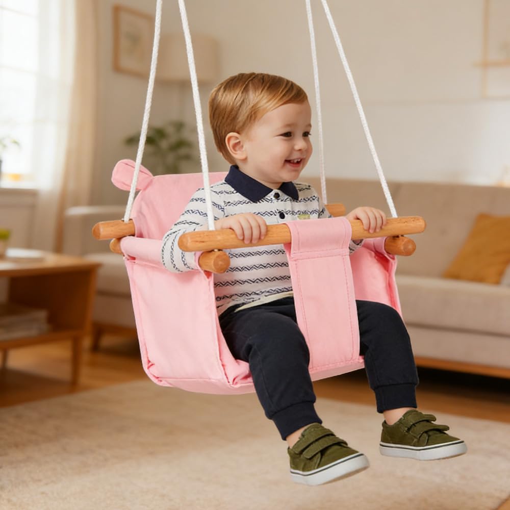 Altalena per bambini in tela con sacchetto per orso, 29 x 29 x 31 cm, altalena in legno ecologico traspirante con cintura di sicurezza, carico massimo 25 kg regolabile per interni ed esterni, rosa