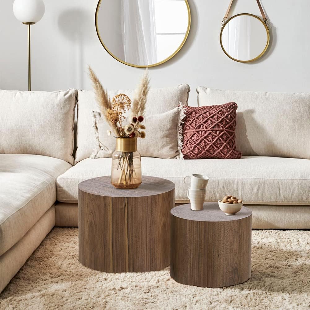 Round Coffee Table Set of 2, Nesting Coffee Table and End Table Set Wood Small Circle Drum Side Table for Living Room Office, No Assembly,Walnut