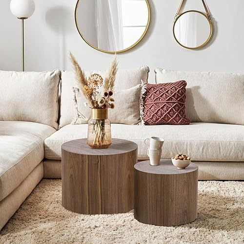 Miniatura 5 de Juego de 2 mesas auxiliares redondas, mesa auxiliar anidable y mesa auxiliar de madera con tambor circular pequeño para sala de estar, oficina, sin