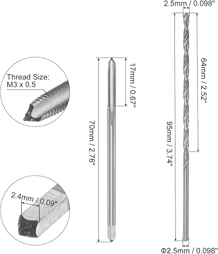 Miniatura 2 de uxcell Juego de grifos y brocas, M3 x 0.5 H2 recta flauta máquina de roscas de fresado de rosca 2.756 in extra largo, 0.098 in de acero de alta