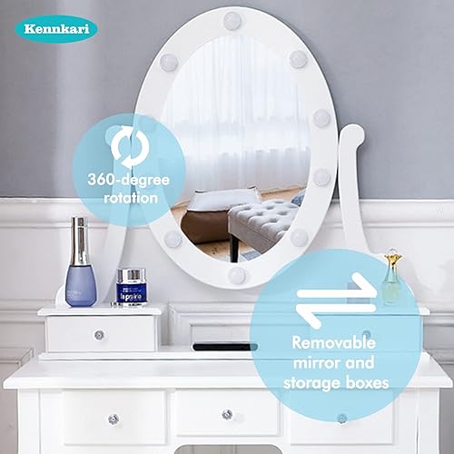 Miniatura 4 de Juego de tocador de maquillaje y taburete, espejo de tocador con luces y juego de mesa, pequeña mesa de tocador para dormitorio (blanco)