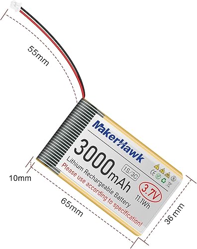 Miniatura 7 de MakerHawk Batería LiPo de 3.7 V 3000 mAh recargable 1S 103665 Batería de polímero de litio con placa de protección cinta de goma aislada, enchufe