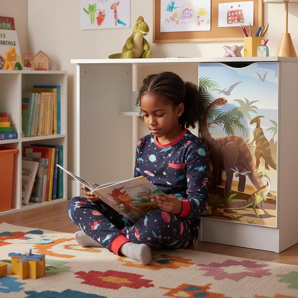 Leomark Confortable Bureau pour Enfants avec étagère - Roma - Blanc Meuble pour Chambre d'enfant, Equipement de Salle, Style scandinave, Hauteur: 77 cm (Dino)