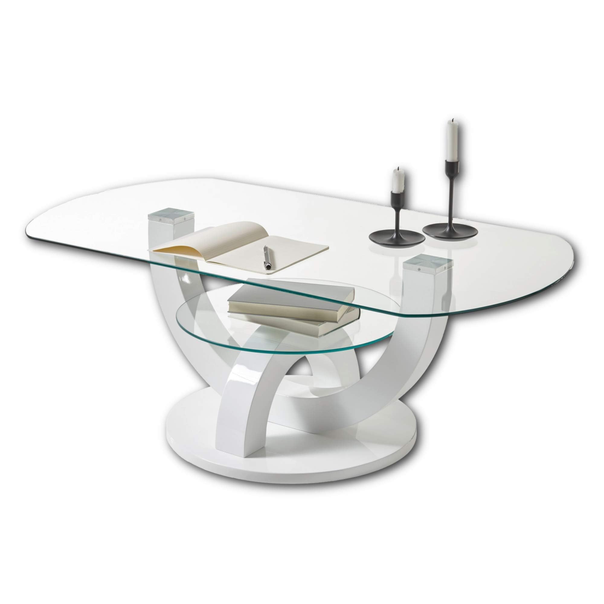 Couchtisch Glas in Hochglanz weiß – U-förmiges Gestell, 110 x 40 x 60 cm (B/H/T) – Stella Trading