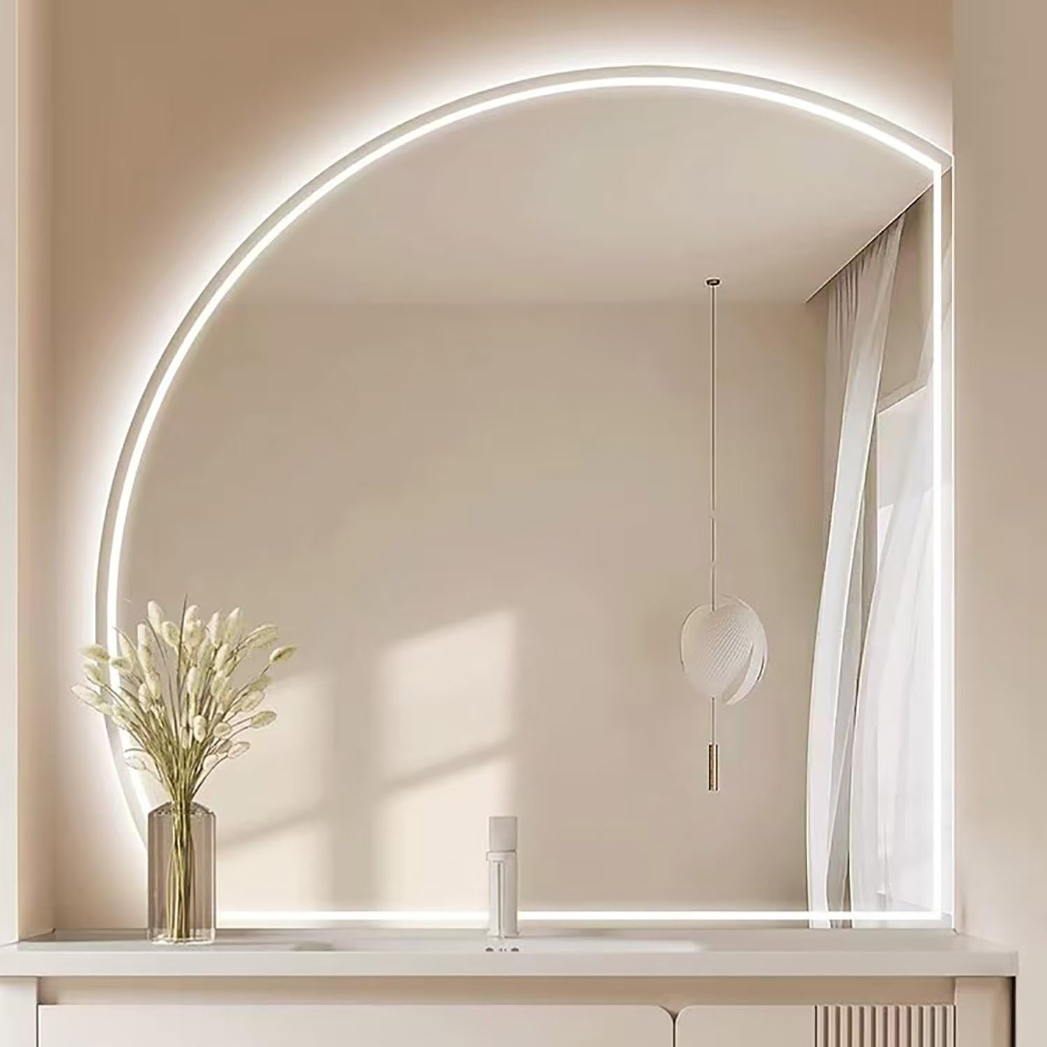 WQZzjm 40" Backlit HalfCircle Bathroom Mirror, WallMounted Makeup Mirror with TriColor LED Lighting, Stylish Home Decor, 70 cm Straight Cut Design (Rightcut 80cm)
