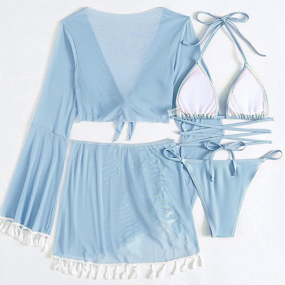 Women's 4 Piece Swimsuit Triangle Bikini Sets Bathing Suit Sexy Swimwear with Beach Cover Up Skirt - Image 4