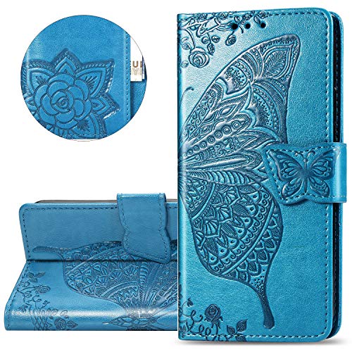 HMTECH Carcasa Samsung Galaxy A70,Funda Samsung Galaxy A70 Flor de Mariposa en Relieve Carcasa de Tipo Libro con Ranuras para Tarjetas de Soporte y Solapa con Cierre magnético Case,SD Butterfly Blue