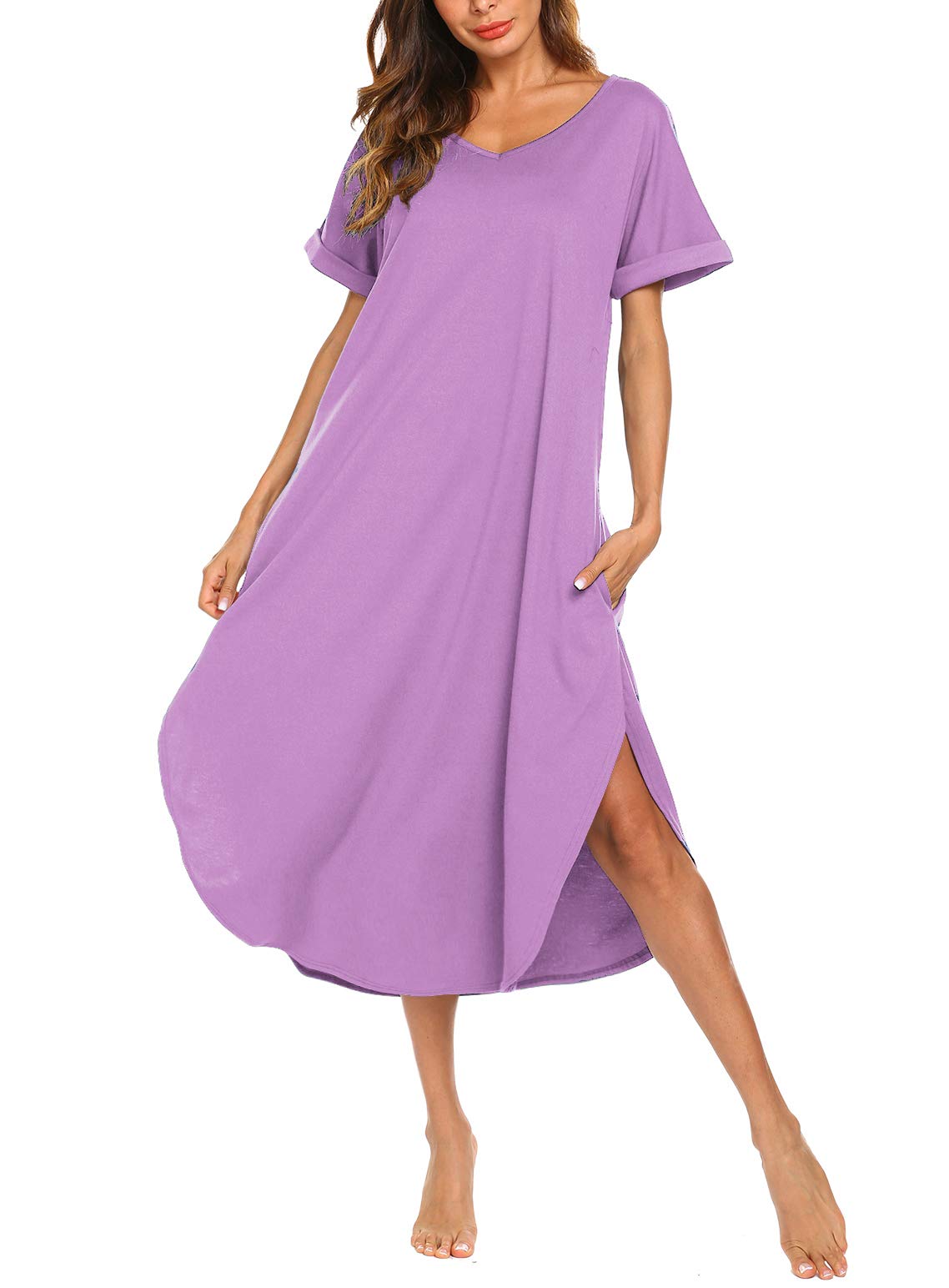 AVIIER Cotton Nightgowns for Women Short Sleeve House Dress Long Night Gown with Pockets S-XXL