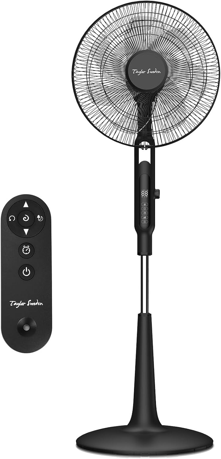 Taylor Swoden Ventilatore a Piantana, DC Silenzioso Ventilatore con Telecomando, Anti-moustique, 28 Velocità, 3 Modalità, 12H Timer, 75° Oscillant, LED, Regolabile in altezza(125-135cm), Nero