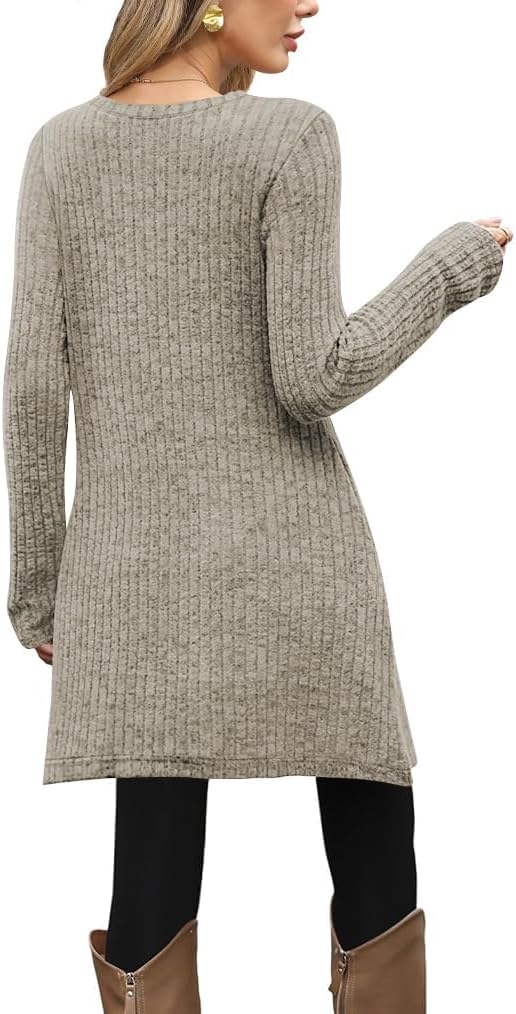 Poetsky Women Long Sleeve Tunic Tops to Wear with Leggings Side Buttons Long Shirts Rib Sweater Dress with Pockets S-3XL - Image 2