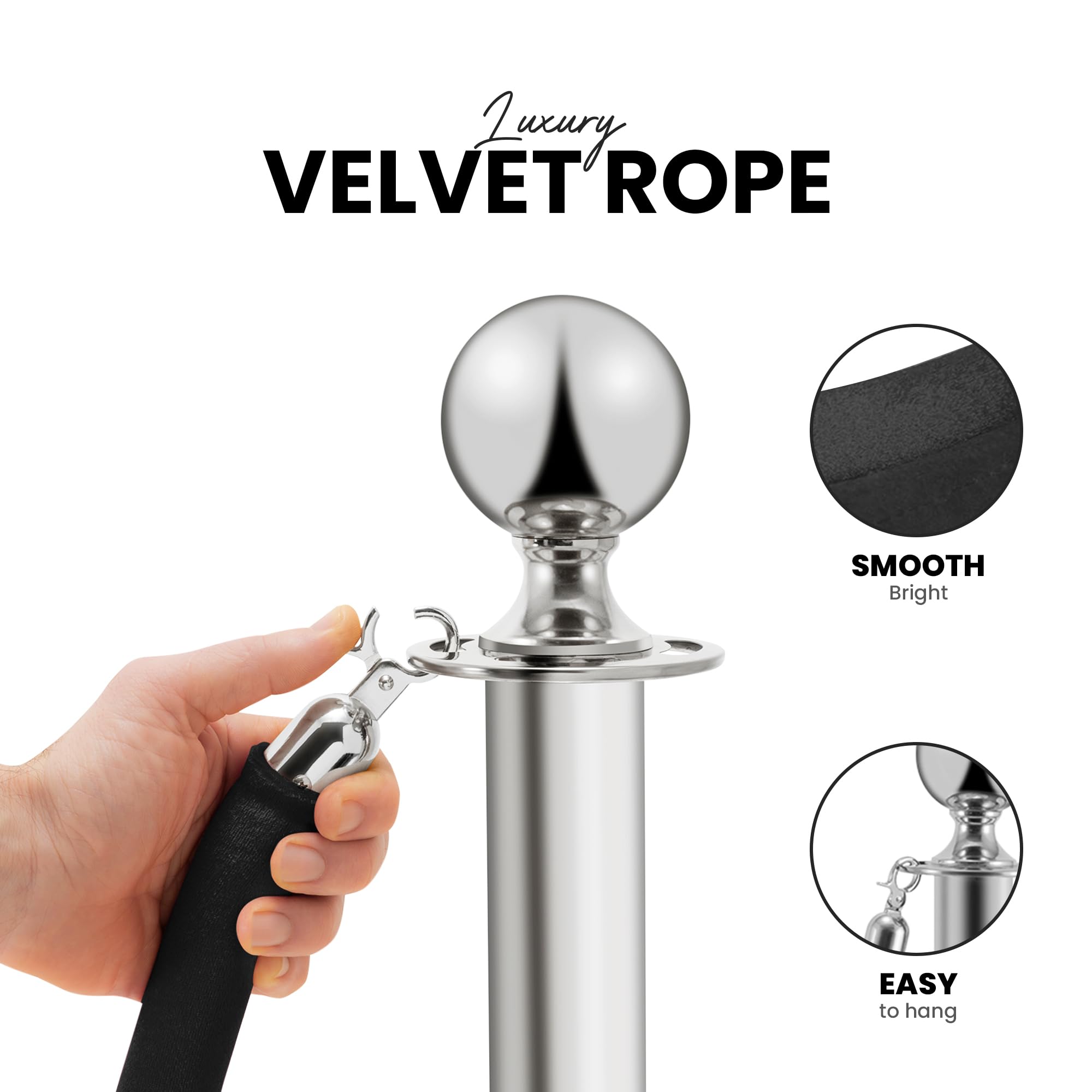 Transenne Separacode in Acciaio Inox 2 Pezzi, 90 cm di Altezza, Argentate con Corda di Velluto Nero da 1,5 m, Collegamento a 4 Vie, Base di 31 cm di Diametro, Controllo delle Folle