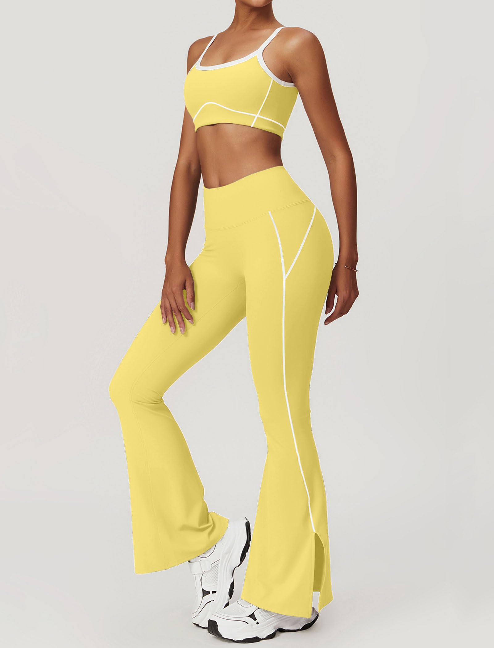 IDOPIP Zweiteiler Sport Set für Damen: Kontrastfarbe Gym Set mit Kompression gepolstertem BH und Po-Lifting Leggings Hose mit Schlitz - Yoga Outfit für Fitness Pilates Workout