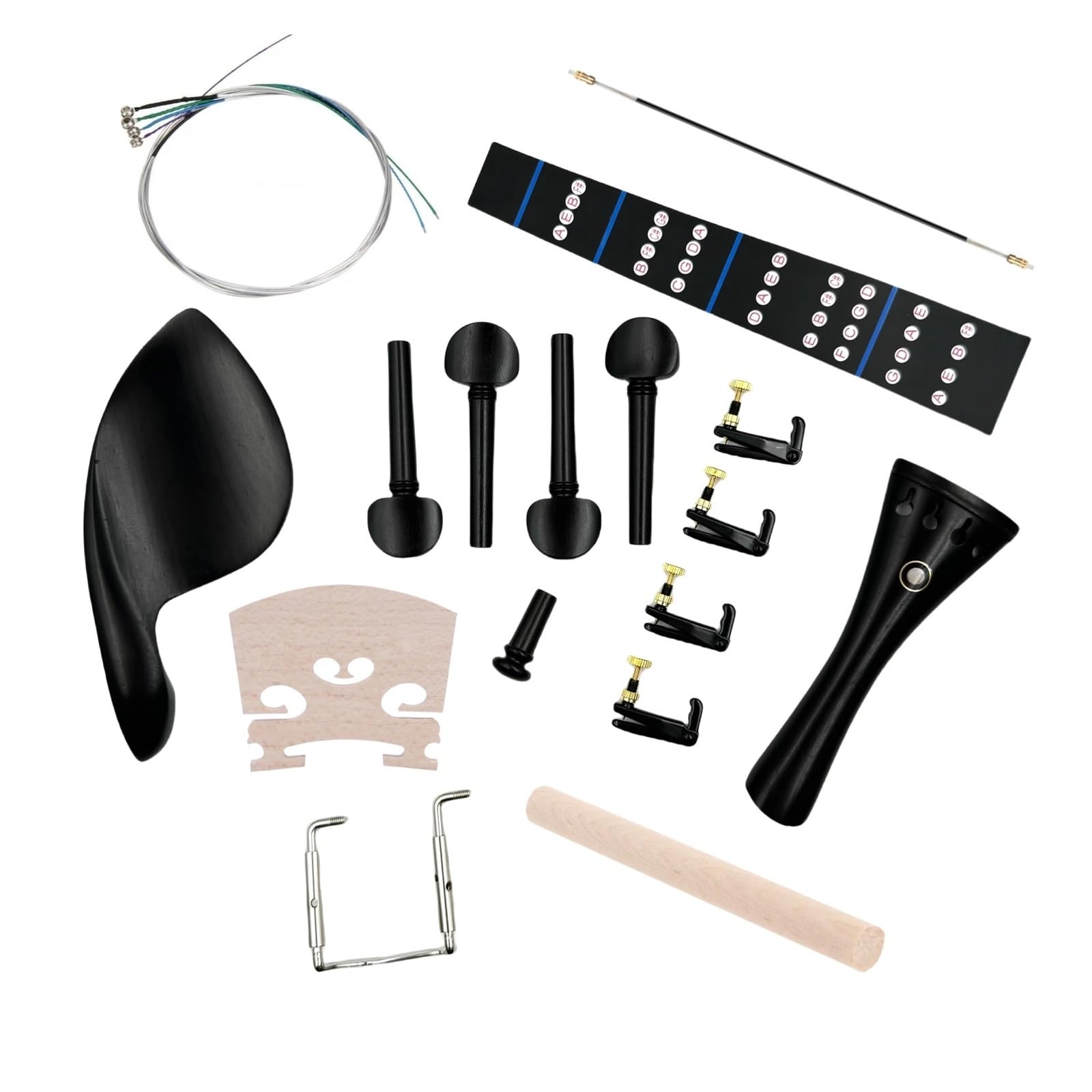 Mentonnière pour violon Kit de pièces violon 3/4 4/4 en ébène, cordier, cheville, repose-menton, autocollant touche, pont, poste sonore(1-4)