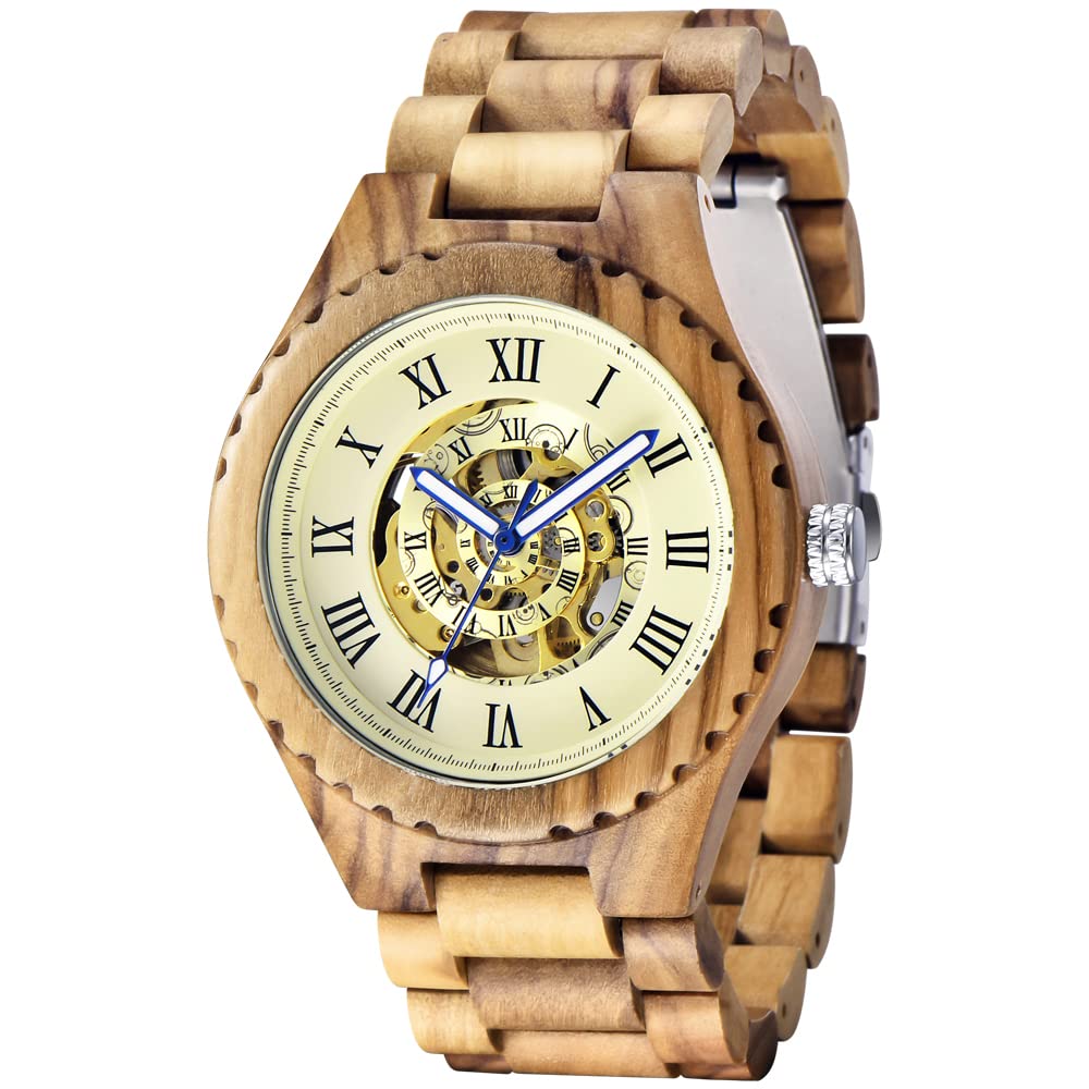 Relojes de madera para hombre, mecánico, automático, movimiento automático, reloj de pulsera para hombre