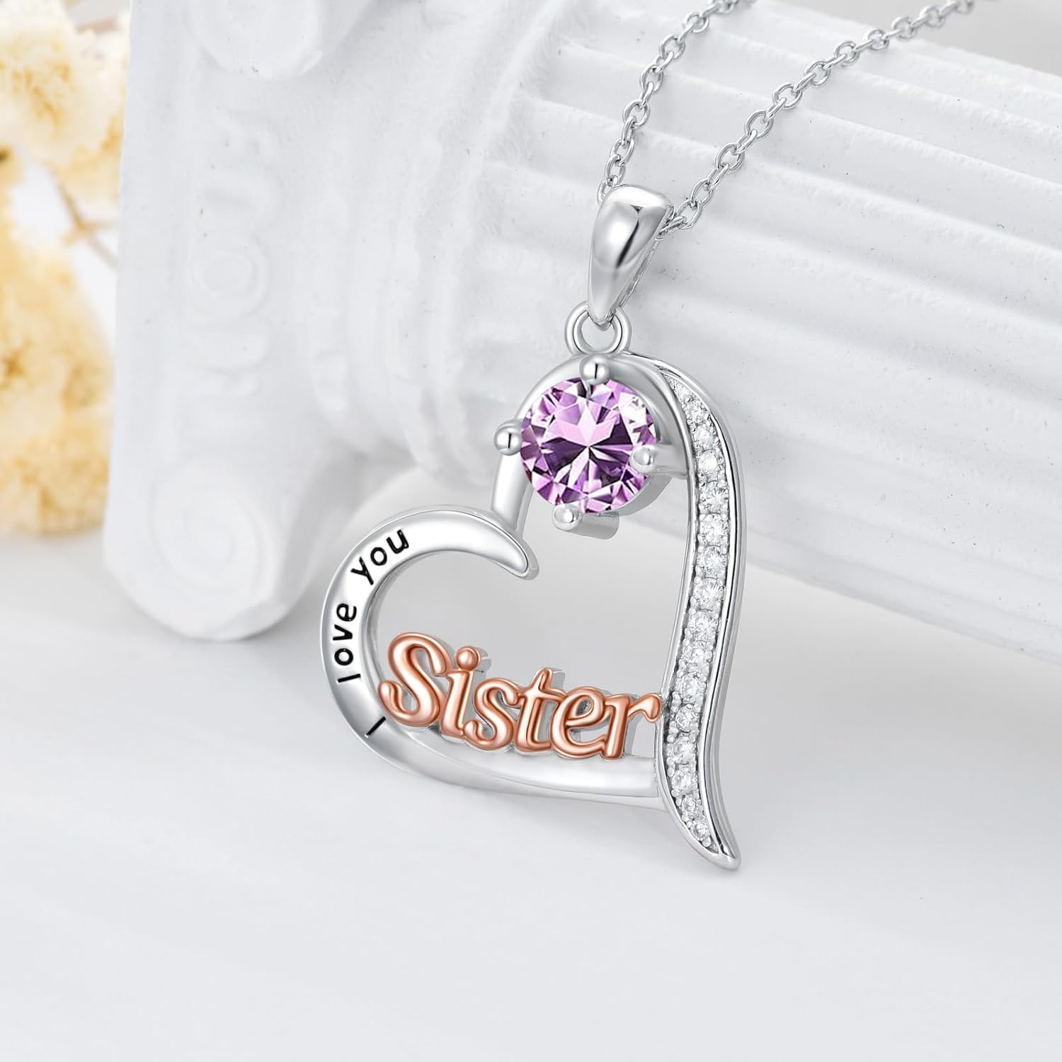 Sister Gifts from Sisters Birthstone Necklace 925 Sterling Silver Heart Sister Jewelry Valentines Day Birthday Gifts for Women Best Friend - Image 4