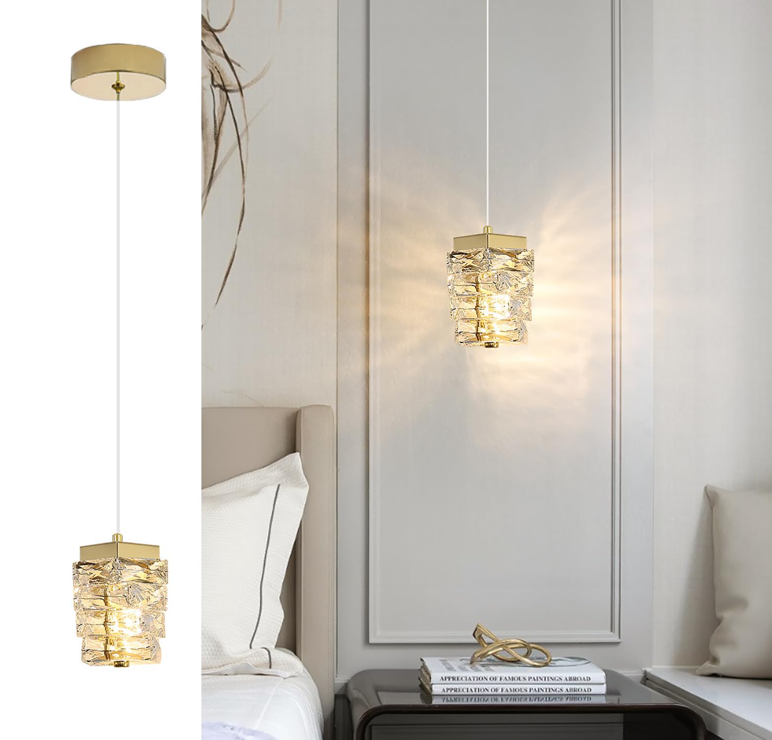 Sxtiger Gold A Modern Gold Crystal Pendant Light, 3-Color Led Crystal Hanging Light Fixture Indoor Ceiling Pendants Lamp For Bedroom Kitchen Island Dining Room Hallway (Gold)