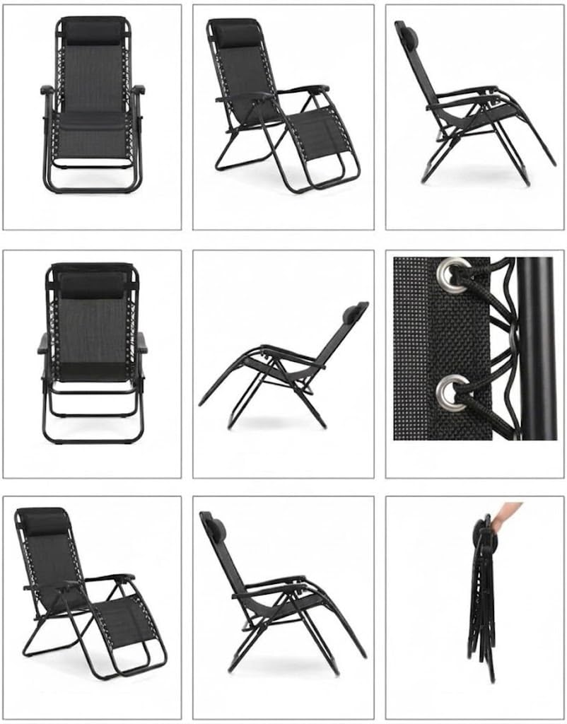 Creaciones Llopis ARW Silla Hamaca Plegable Gravity para Exterior con Cojín, Tumbona Reclinable para Jardín, Piscina, Terraza, Playa, Estructura de Acero, Tejido Transpirable, 158x63x106 cm, Negro