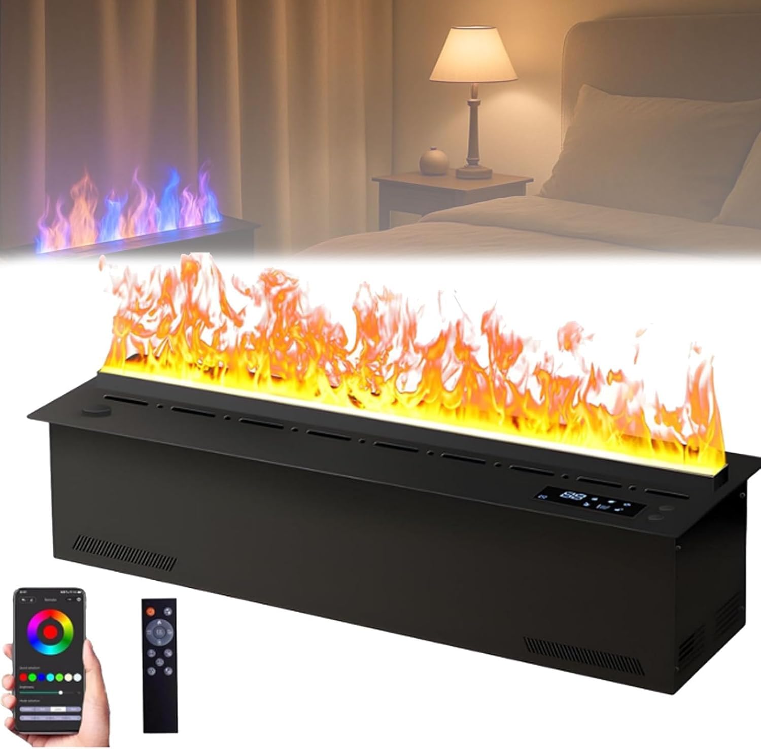 Dekorativer elektrischer Kamineinsatz mit echtem Wasserdampf und Flammeneffekt, Wasserdampf-Kaminbefeuchter mit 3D-Zerstäubungsflamme, ultradünne 3-mm-Platte, keine Heizfunktion, A, 100 cm/39,3 Z