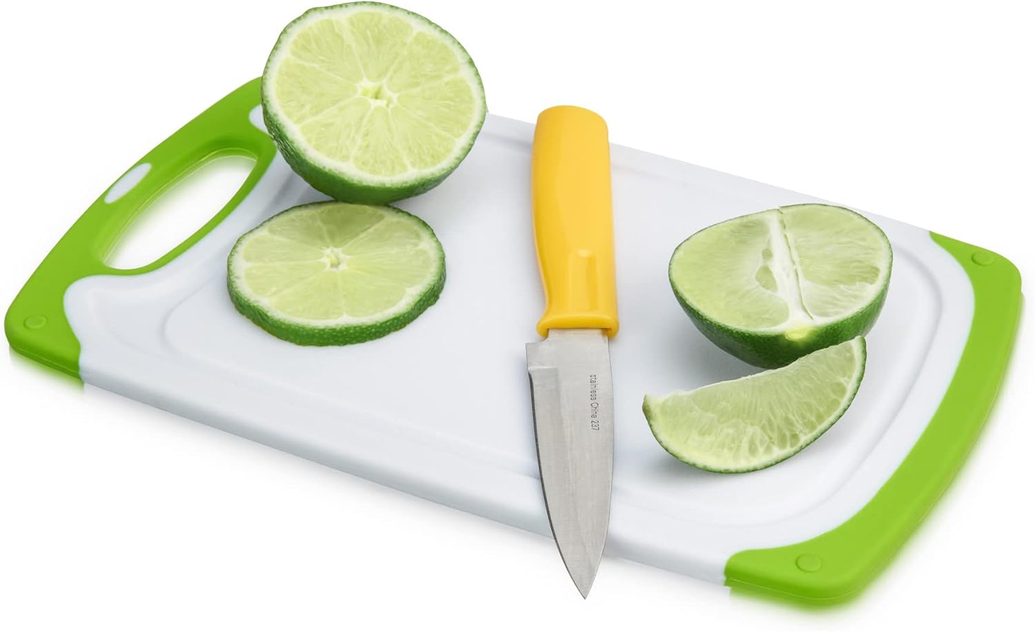 True Small Cutting Board with Stainless Steel Blade Pairing Knife, Non Slip Silicone Grip Plastic Chopping Boards and Knives for Prepping Fruits, Vegetables, Cocktail Ganishes. 2-Piece Set