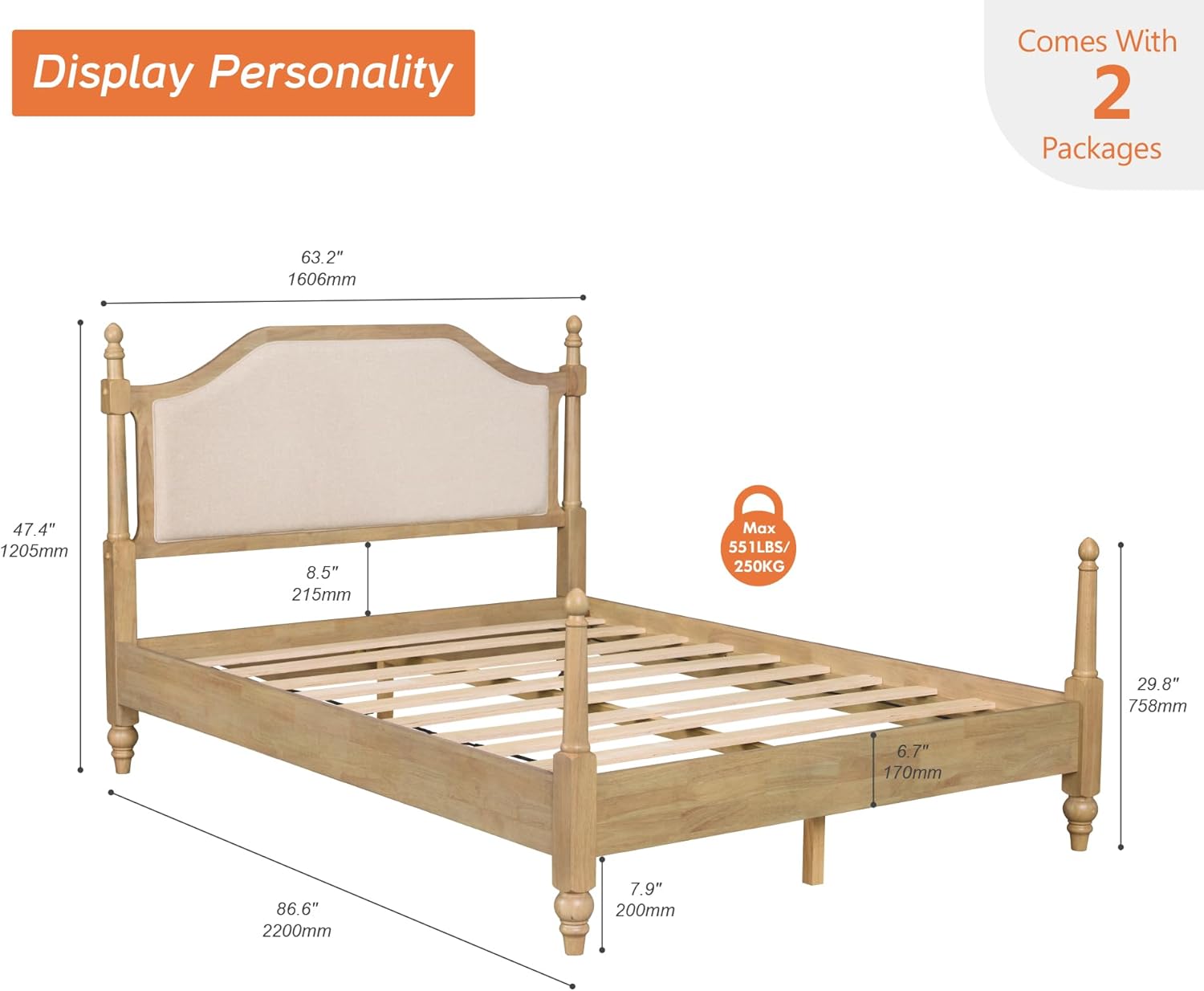 WAMPAT Queen Size Platform Bed Frame with Upholstered Headboard for Bedroom, Wood Bed Frames with Wooden Slat Support and Large Under Bed Storage, No Box Spring Needed, Easy Assembly, Oak